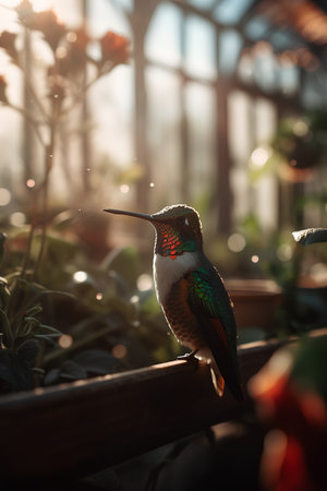 Beautiful hummingbird sitting on a branch in a green house.の素材