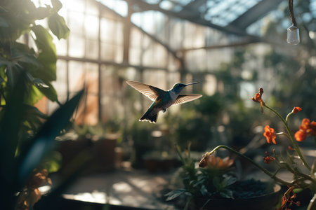 Beautiful hummingbird in a greenhouse. Wildlife scene from tropics.の素材