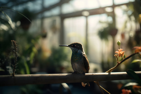 Hummingbird sitting on the branch of a plant in a greenhouseの素材