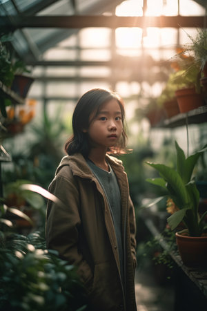 Portrait of a beautiful asian girl with long hair in the greenhouse.の素材