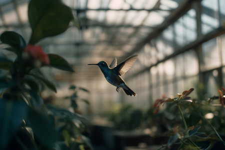 Hummingbird in a greenhouse. Hummingbird flying in the air.の素材