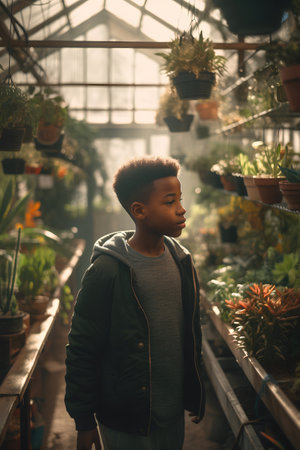 Portrait of a young African-American boy in a greenhouse.の素材