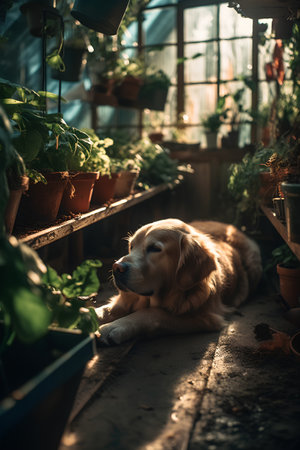 Cute Golden Retriever Dog in Flower Shop. Pet Conceptの素材