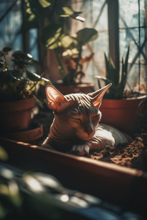 Sphynx cat sitting on the windowsill in the morningの素材
