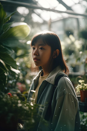 Portrait of beautiful asian girl with backpack looking at camera in greenhouse.の素材