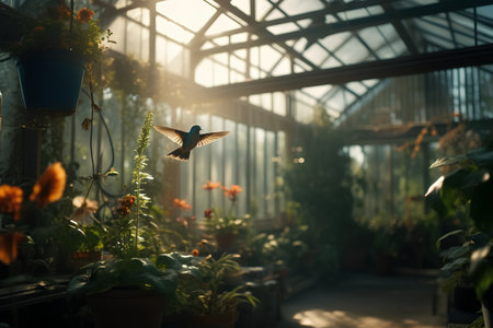 Beautiful flowers in a greenhouse with a hummingbird in the sunの素材
