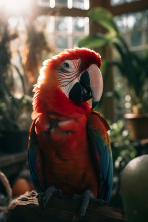 Colorful macaw parrot sitting on a tree in a gardenの素材