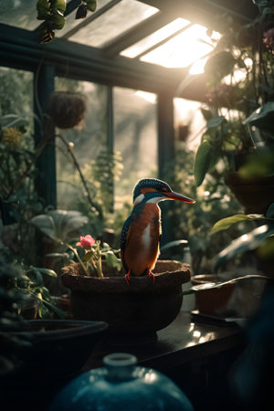 Beautiful Kingfisher bird sitting on a flower pot in a greenhouseの素材