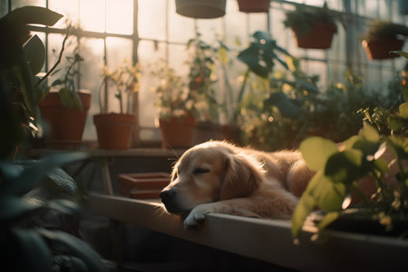Cute Golden Retriever puppy in a flowerpot. Selective focus.の素材