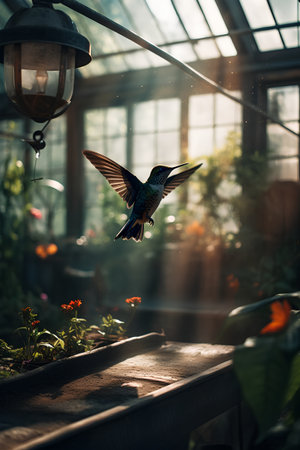 Hummingbird in a greenhouse. Wildlife scene from tropics.の素材