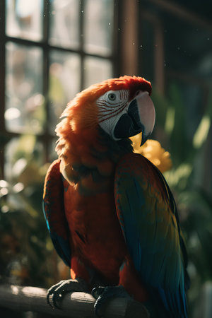 beautiful macaw parrot sitting on a branch in a zooの素材