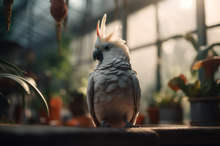 Cockatoo bird sitting on a wooden table in a greenhouseの素材
