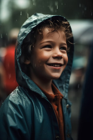 Portrait of a smiling boy in raincoat standing in the rainの素材