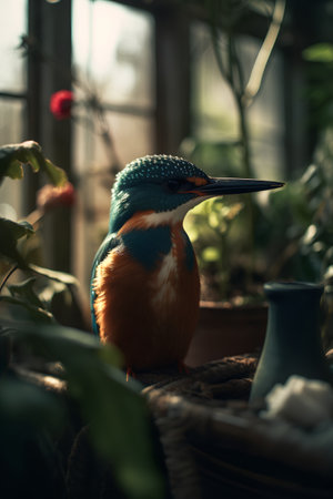 Kingfisher bird sitting on a plant in a vase.の素材
