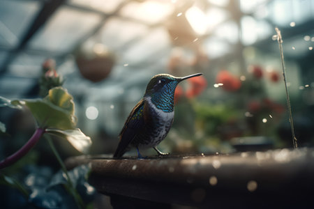 Beautiful bird sitting on a wooden table in a greenhouse with flowers.の素材