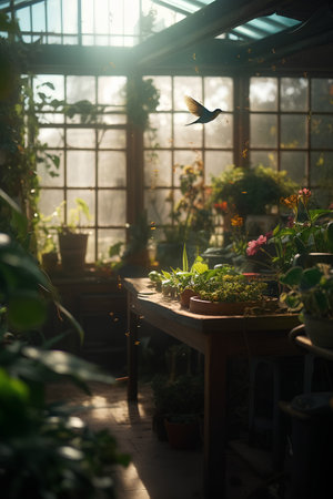Greenhouse with beautiful blooming flowers in pots and hummingbird flying above themの素材