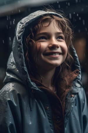 Portrait of a smiling little girl in raincoat at the streetの素材