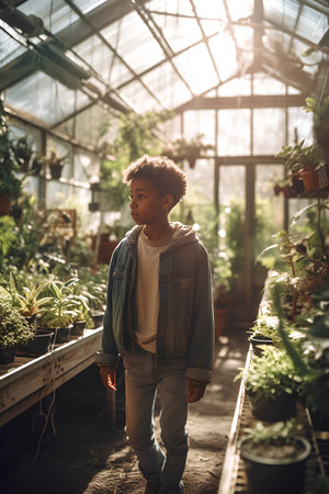 Portrait of a cute little boy with a backpack in a greenhouseの素材