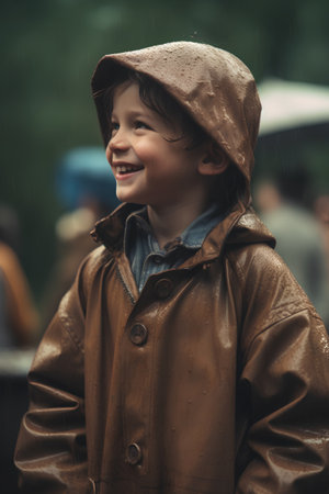 Young boy in a raincoat and a hat on the street.の素材