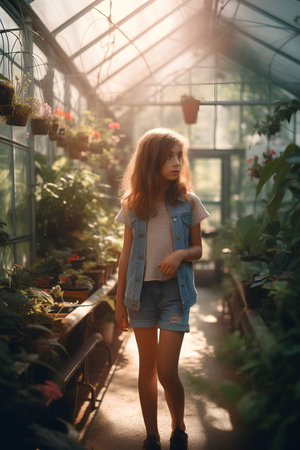 Little girl in a greenhouse. A child in a denim jacket and shorts.の素材
