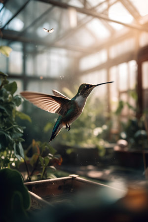 Hummingbird flying in a greenhouse. Hummingbird in flight.の素材