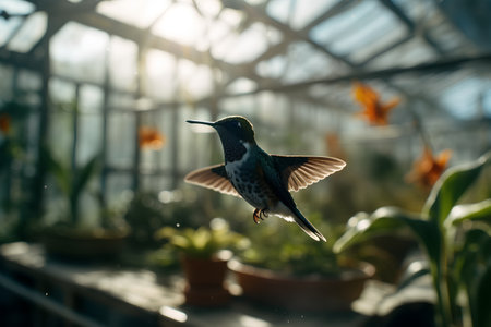 Hummingbird in a greenhouse. Hummingbird flying in the air.の素材