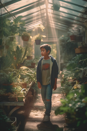 Little boy with backpack walking in greenhouse, low angle view, vintage toneの素材