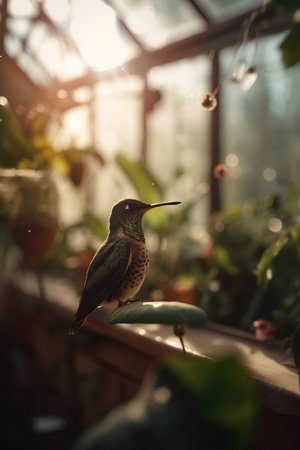 Beautiful hummingbird sitting on a flower in a greenhouse with sunlightの素材