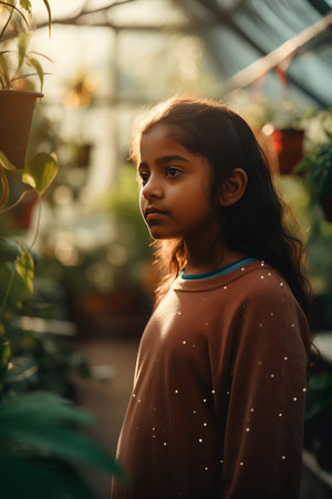 Portrait of cute little girl looking at camera while standing in greenhouseの素材