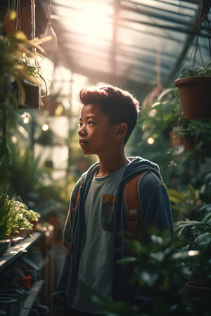 Portrait of a young Asian boy with a backpack in a greenhouseの素材