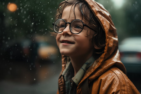 portrait of smiling boy in raincoat and eyeglasses looking at cameraの素材