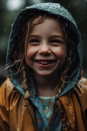 Portrait of a cute smiling little girl in raincoat and hood.の素材