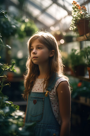 Cute little girl with long hair in denim overalls standing in a greenhouse.の素材