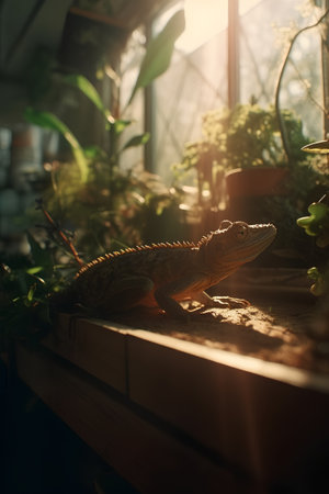 chameleon on the terrace of a house with green plantsの素材