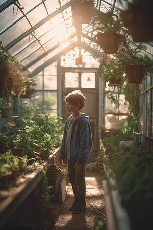 Cute little boy with a backpack in a greenhouse. He is looking at plants.の素材