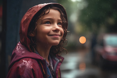 Little girl in raincoat and hoodie looking at camera with smile.の素材