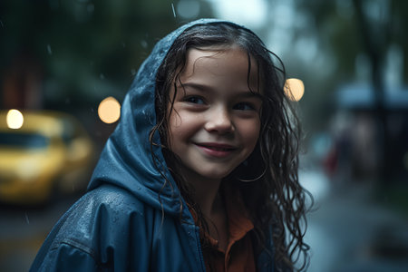 Portrait of a smiling girl with long hair in a raincoat.の素材