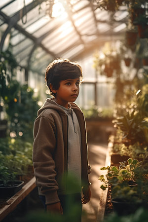 Portrait of a little boy in a greenhouse. The boy is looking at the camera.の素材