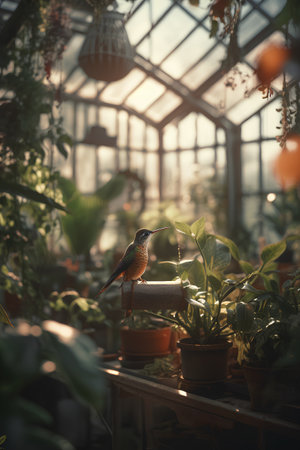 Beautiful bird sitting on the flowerpot in the greenhouse. Vintage tone.の素材