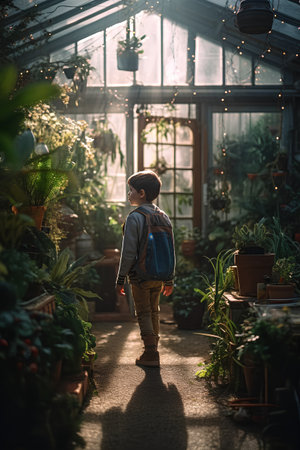 Cute little boy with backpack exploring the plants in a greenhouse.の素材