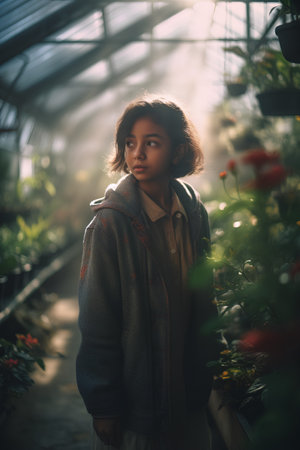 Portrait of a beautiful girl in a greenhouse. Beauty, fashion.の素材