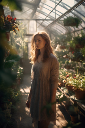 Beautiful young woman in a greenhouse. Portrait of a girl.の素材