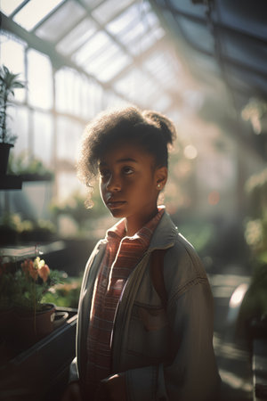 Beautiful african american girl looking at camera while standing in greenhouseの素材