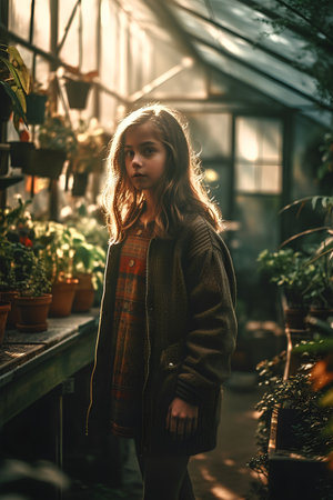 Cute little girl with long hair in a knitted coat in the greenhouse.の素材