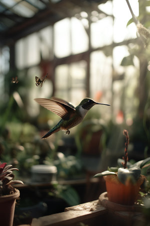 Hummingbird in the garden. Hummingbird flying in the air.の素材
