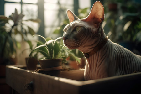 Sphynx cat in a flowerpot on the windowsillの素材