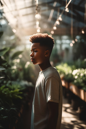 african american boy looking away while standing near plants in greenhouseの素材