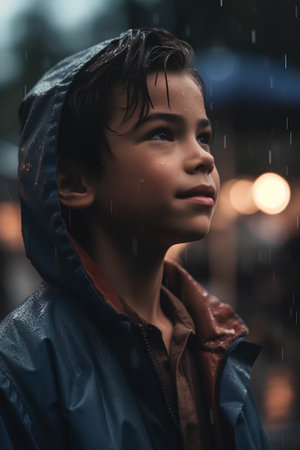 portrait of young boy in raincoat looking away while standing under rainの素材
