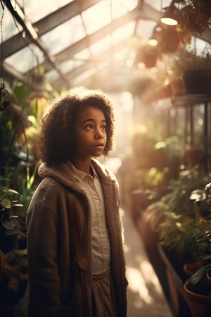 Portrait of a cute african american girl in a greenhouseの素材