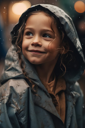 Portrait of a beautiful little girl in a raincoat on the street.の素材